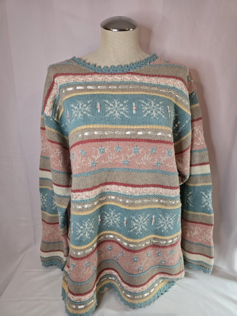 Vintage Pastel Knit Sweater Womens Large Cottagecore Coquette Boho